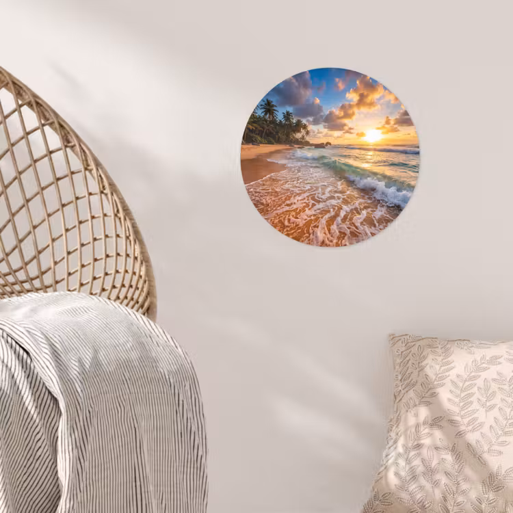 Strand - Zonsondergang - Golven - Natuur - Goud Wandcirkel behangsticker klein -sfeer4