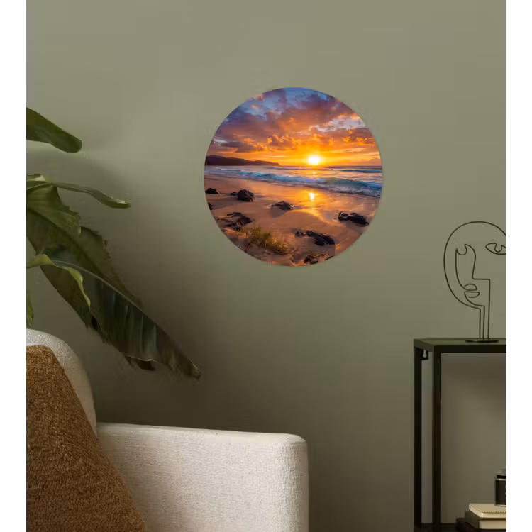 Strand - Zonsondergang - Golven - Natuur - Oranje Wandcirkel behangsticker klein -sfeer2