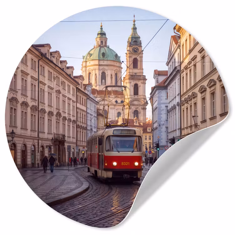 Tram - Straat - Stadsgezicht - Klassiek - Rood Wandcirkel behangsticker klein -3d