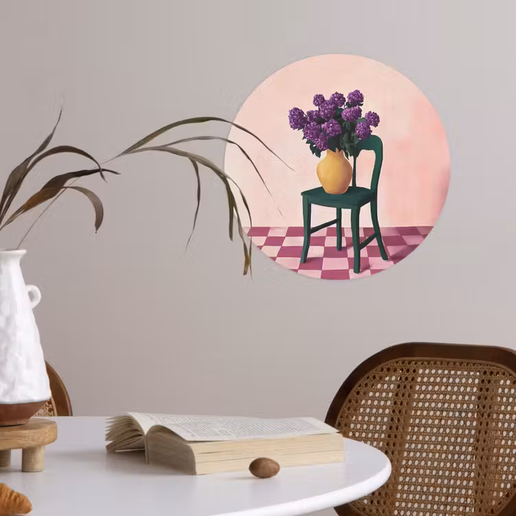 Stoel - Vaas - Bloemen - Geblokt Wandcirkel behangsticker klein -sfeer3