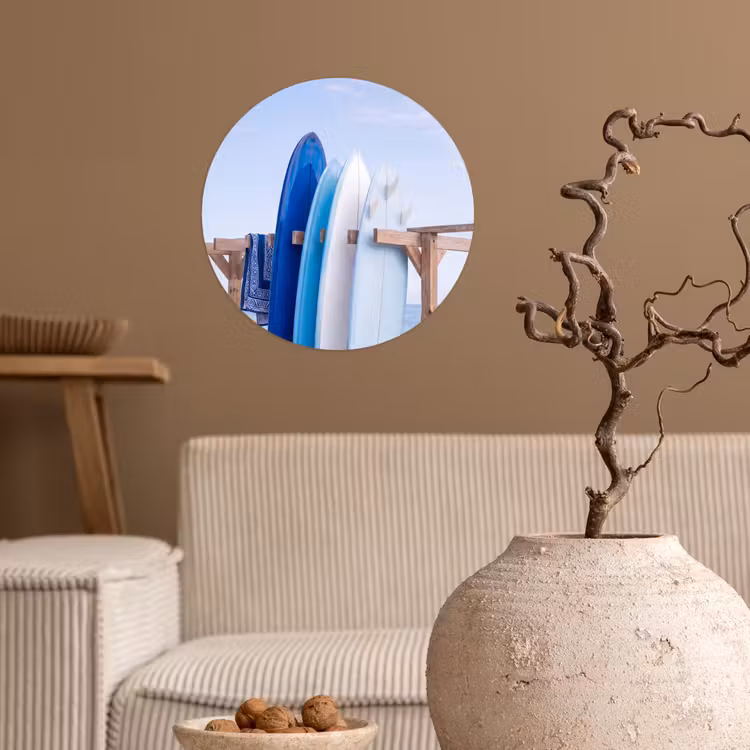 Surfplank - Strand - Zomer - Blauw - Water Wandcirkel behangsticker klein -sfeer1