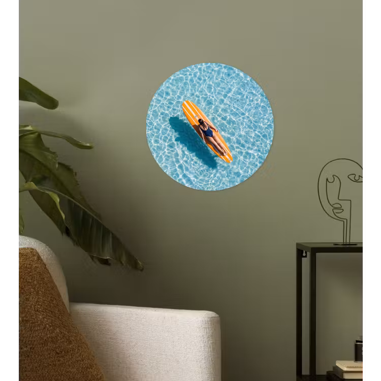 Surfboard - Water - Badpak - Oranje Wandcirkel behangsticker klein -sfeer2
