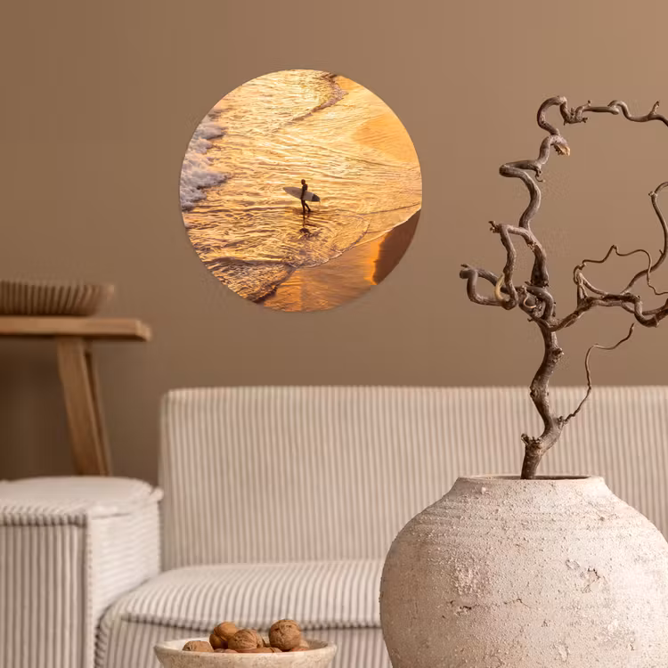 Surfer - Strand - Zonsondergang - Oceaan - Goud Wandcirkel behangsticker klein -sfeer1