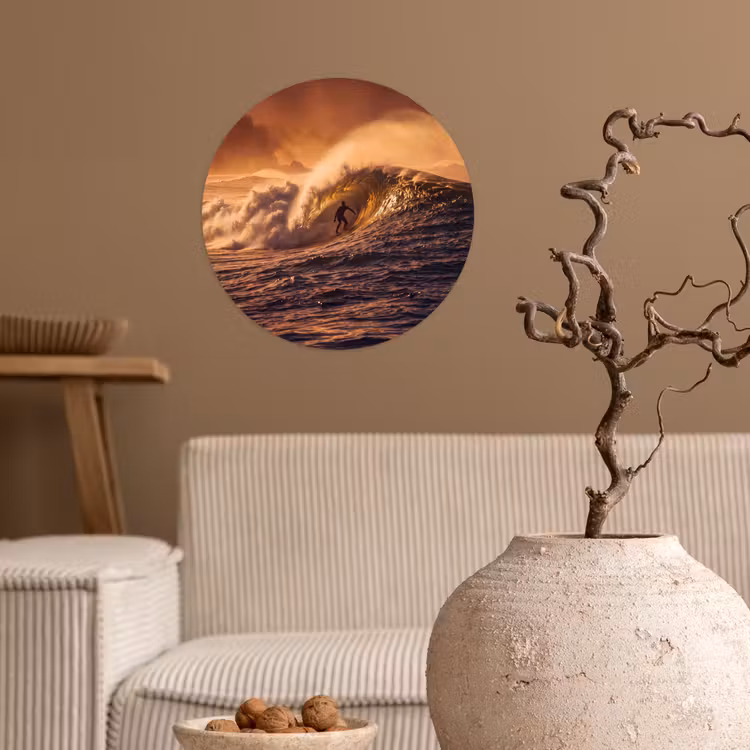 Surfer - Golf - Oceaan - Sport - Oranje Wandcirkel behangsticker klein -sfeer1