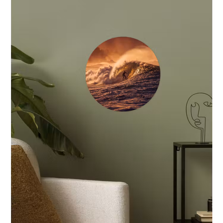 Surfer - Golf - Oceaan - Sport - Oranje Wandcirkel behangsticker klein -sfeer2