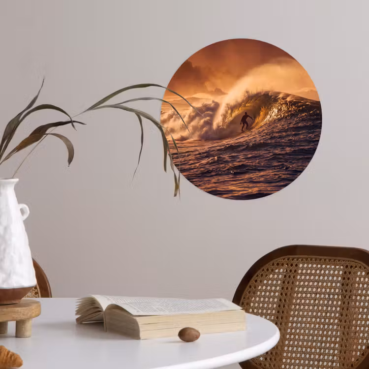 Surfer - Golf - Oceaan - Sport - Oranje Wandcirkel behangsticker klein -sfeer3