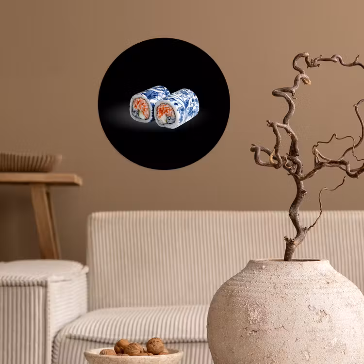 Sushi - Delfts blauw - Rijst - Vis - Elegant Wandcirkel behangsticker klein -sfeer1