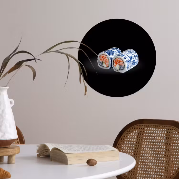 Sushi - Delfts blauw - Rijst - Vis - Elegant Wandcirkel behangsticker klein -sfeer3