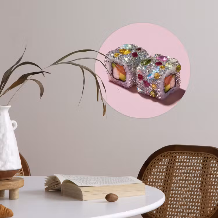 Sushi - Rolletjes - Steentjes - Kleurrijk Wandcirkel behangsticker klein -sfeer3