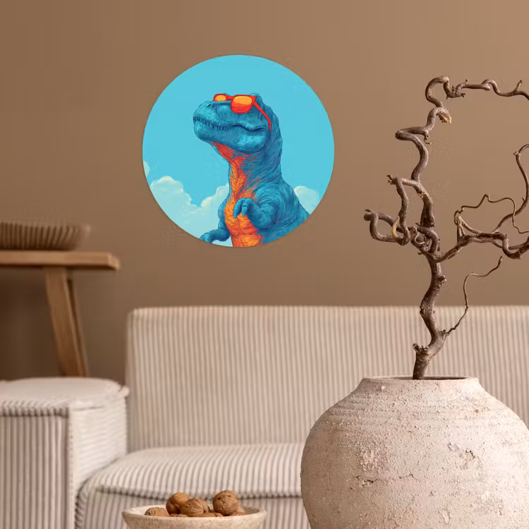 T-Rex - Blauw - Wolken - Zonnebril Wandcirkel behangsticker klein -sfeer1