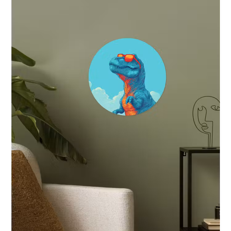 T-Rex - Blauw - Wolken - Zonnebril Wandcirkel behangsticker klein -sfeer2
