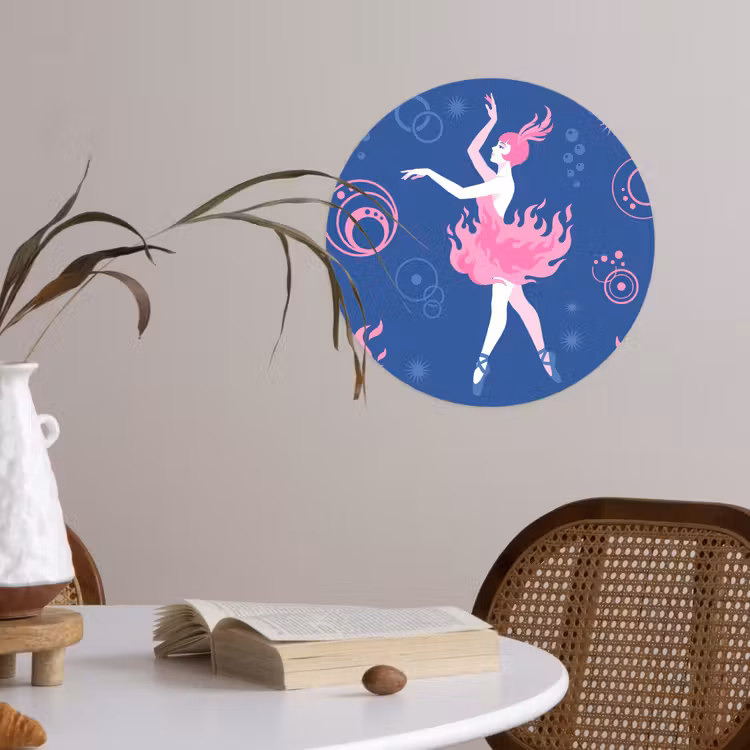 Danseres - Vlammenrok - Abstract - Roze - Blauw Wandcirkel behangsticker klein -sfeer3