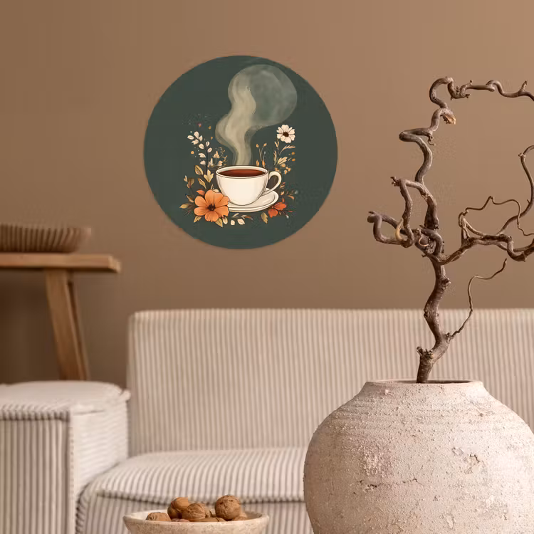 Kop - Bloemen - Groen - Koffie Wandcirkel behangsticker klein -sfeer1
