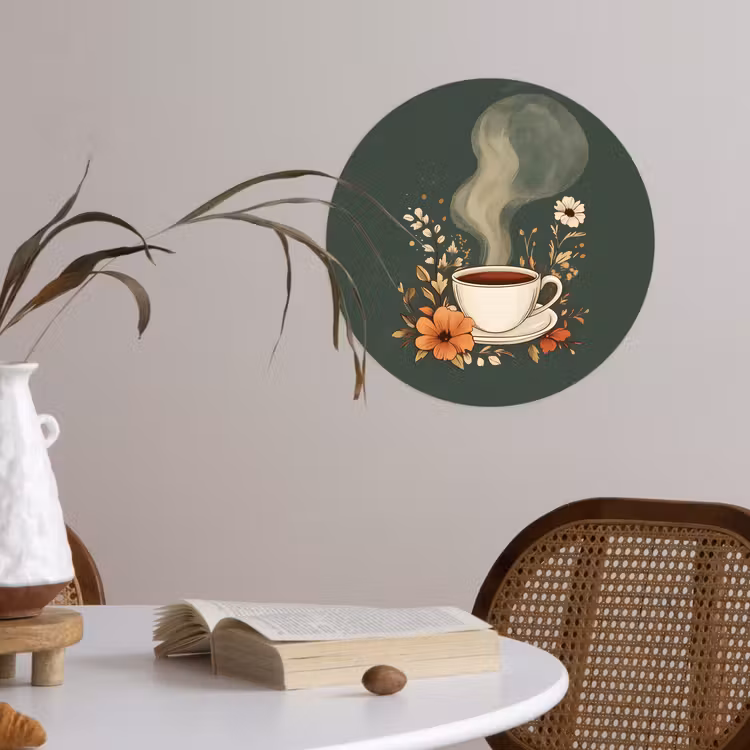 Kop - Bloemen - Groen - Koffie Wandcirkel behangsticker klein -sfeer3