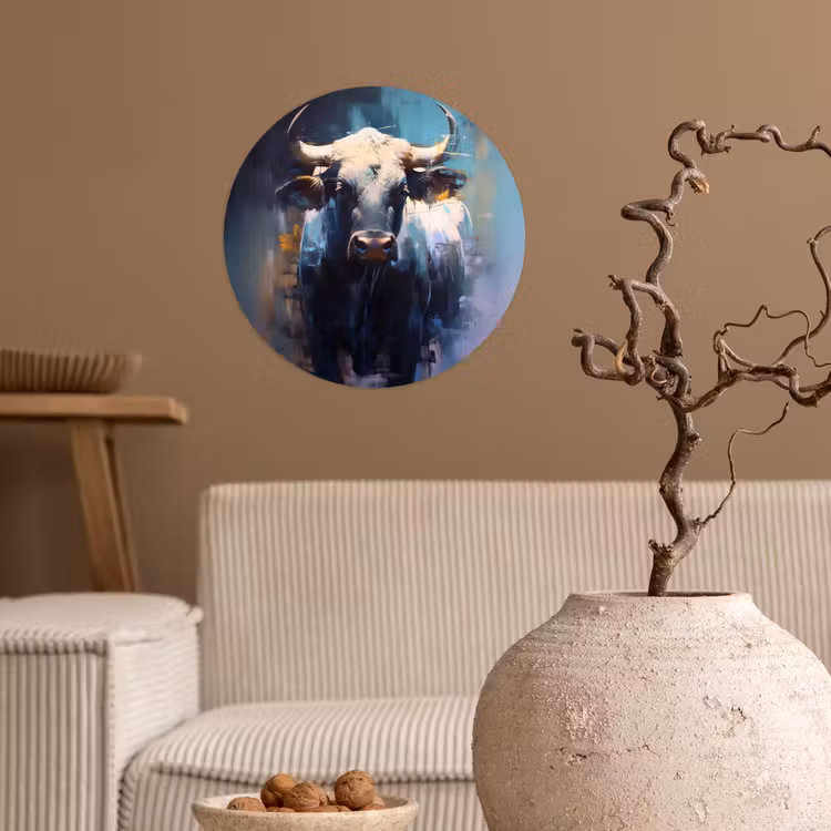 Stier - Zwart - Abstract - Horens Wandcirkel behangsticker klein -sfeer1