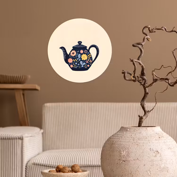 Theepot - Kleurrijk - Bloemen Wandcirkel behangsticker klein -sfeer1