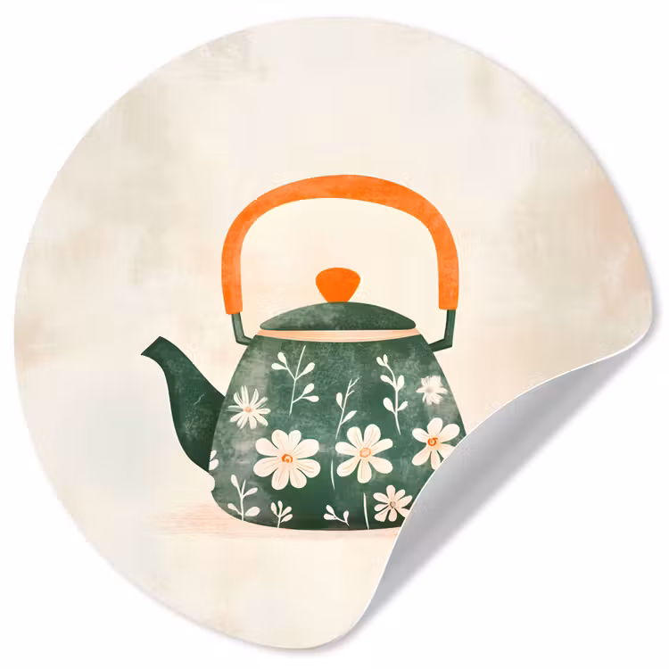 Theepot - Groen - Bloemen - Oranje Wandcirkel behangsticker klein -3d