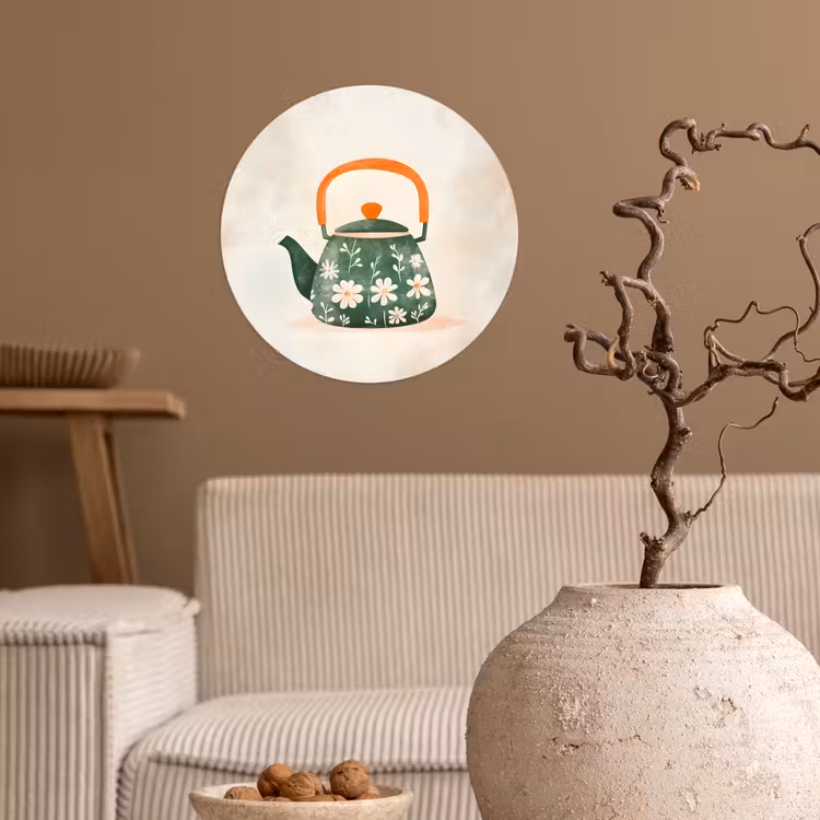 Theepot - Groen - Bloemen - Oranje Wandcirkel behangsticker klein -sfeer1