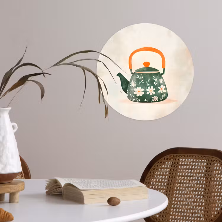 Theepot - Groen - Bloemen - Oranje Wandcirkel behangsticker klein -sfeer3