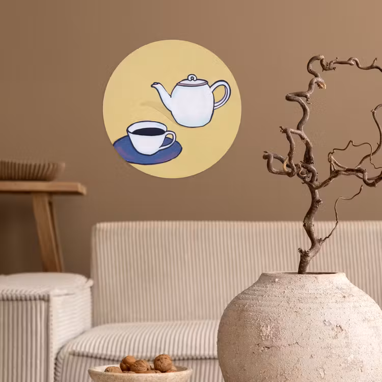 Theepot - Kopje - Beige - Illustratie Wandcirkel behangsticker klein -sfeer1