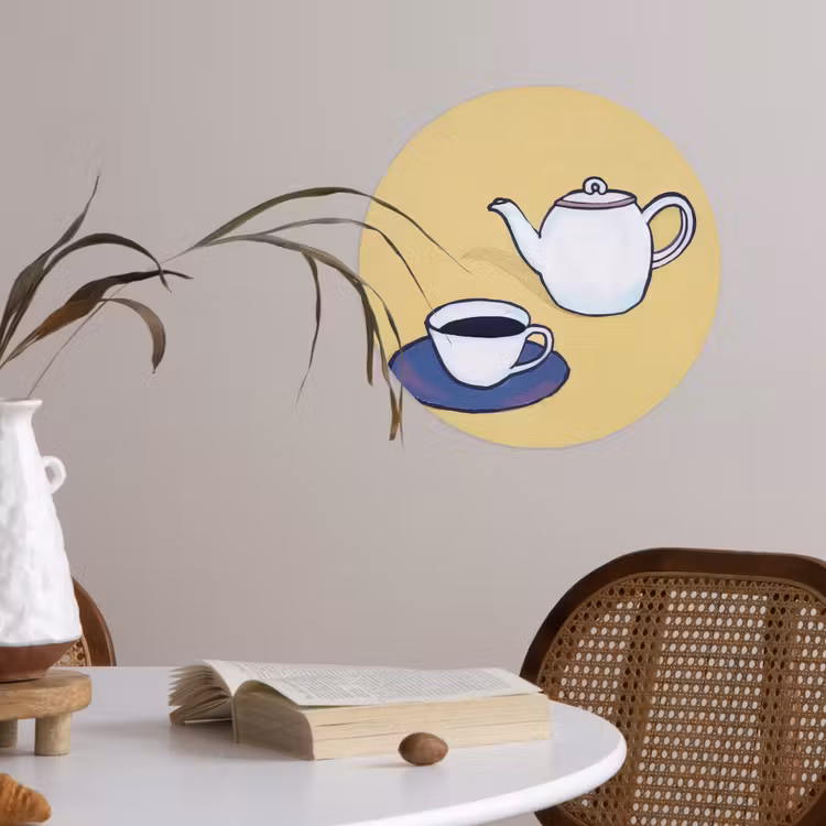 Theepot - Kopje - Beige - Illustratie Wandcirkel behangsticker klein -sfeer3