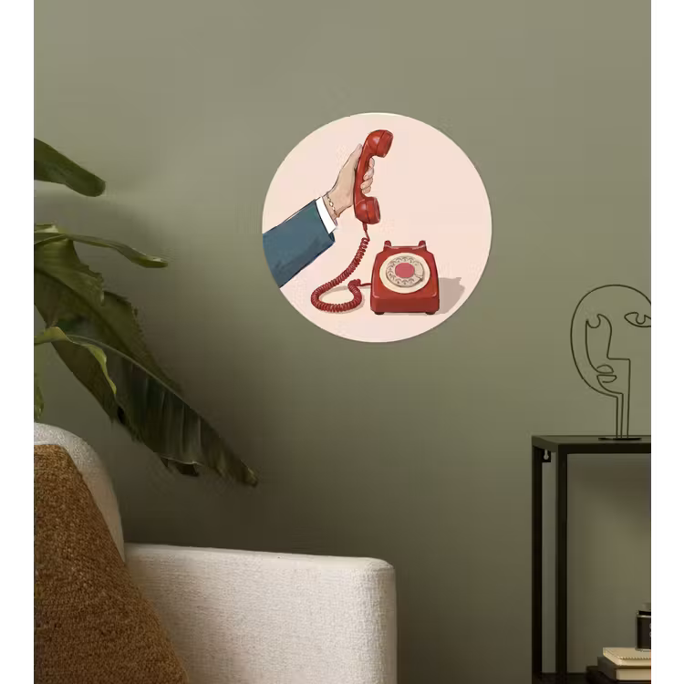 Telefoon - Hand - Vintage - Communicatie - Rood Wandcirkel behangsticker klein -sfeer2