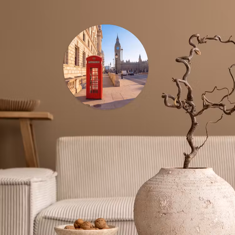 Telefooncel - Rood - Londen - Stad - Architectuur Wandcirkel behangsticker klein -sfeer1
