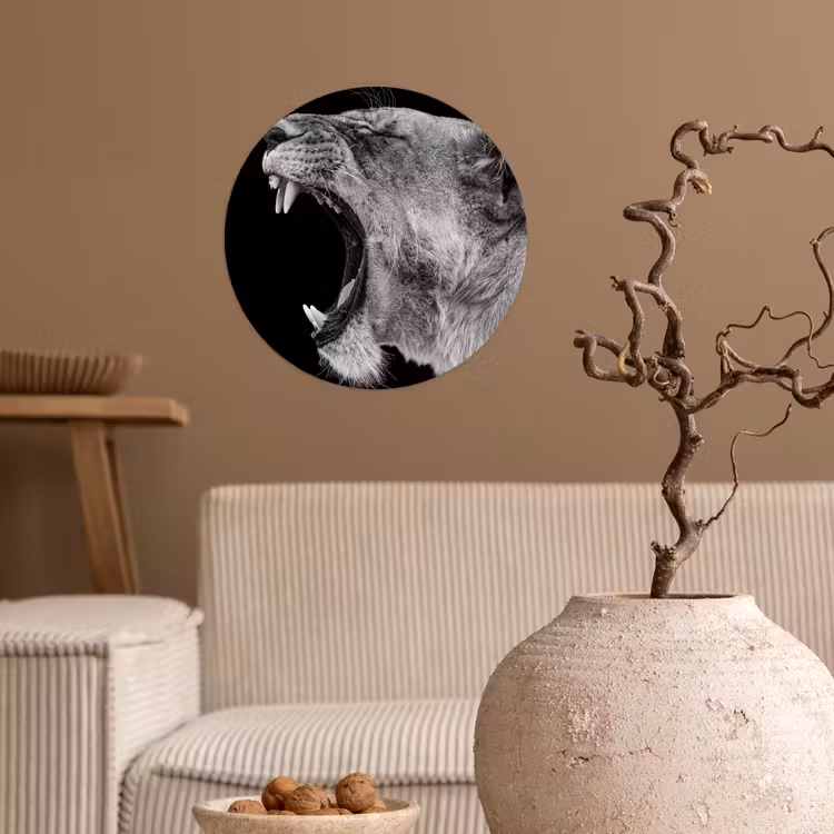 Dieren - Leeuw - Zwart - Wit - Portret Wandcirkel behangsticker klein -sfeer1