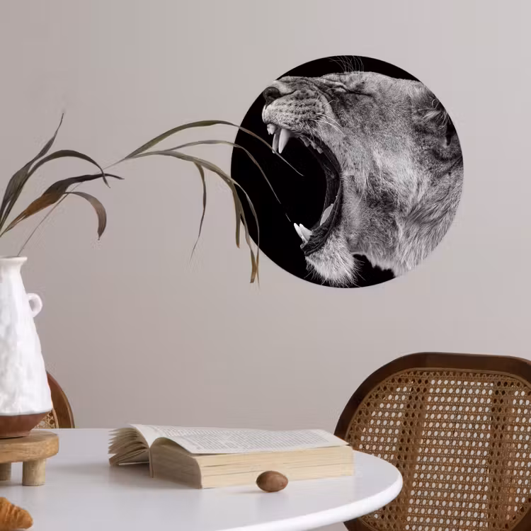 Dieren - Leeuw - Zwart - Wit - Portret Wandcirkel behangsticker klein -sfeer3