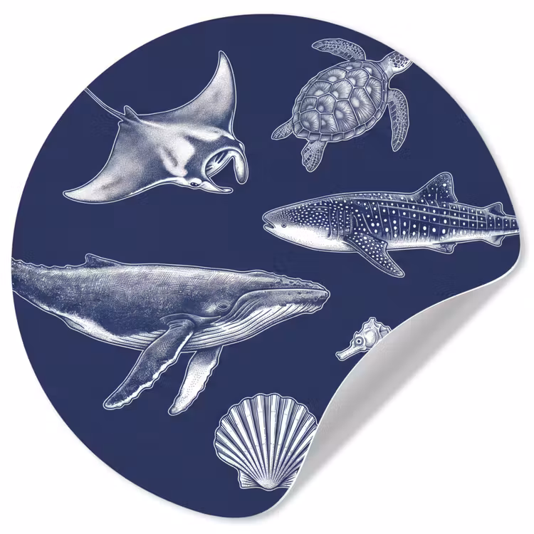 Dieren - Zeeleven - Oceaan - Graveren - Blauw Wandcirkel behangsticker klein -3d