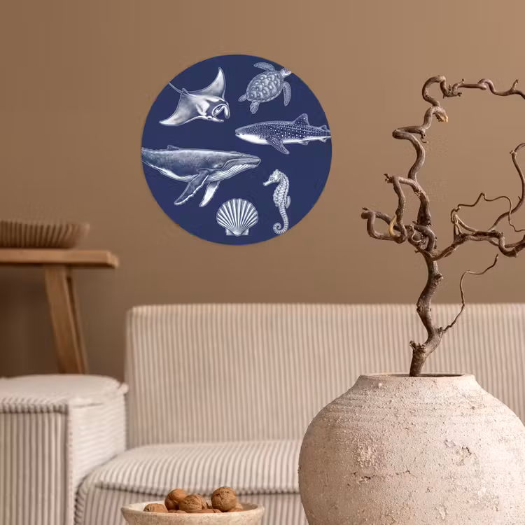 Dieren - Zeeleven - Oceaan - Graveren - Blauw Wandcirkel behangsticker klein -sfeer1