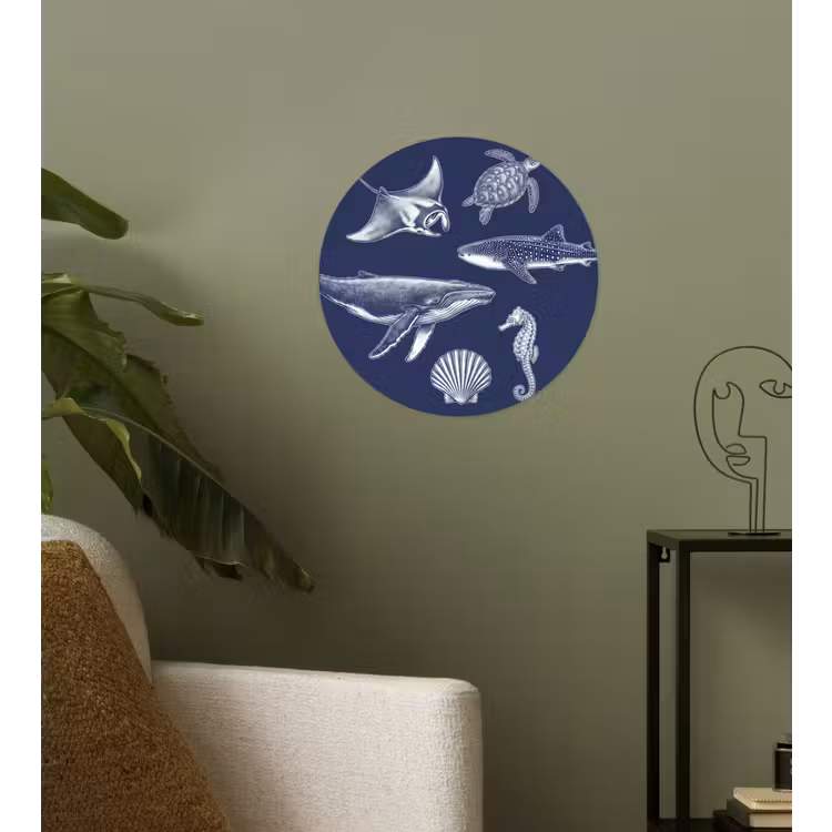 Dieren - Zeeleven - Oceaan - Graveren - Blauw Wandcirkel behangsticker klein -sfeer2