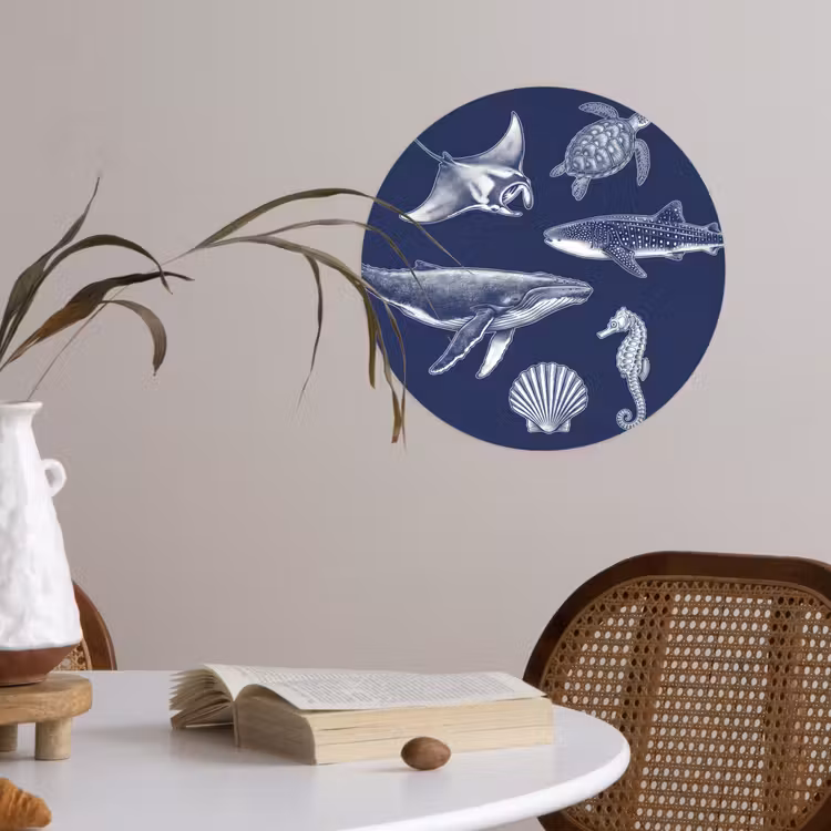 Dieren - Zeeleven - Oceaan - Graveren - Blauw Wandcirkel behangsticker klein -sfeer3