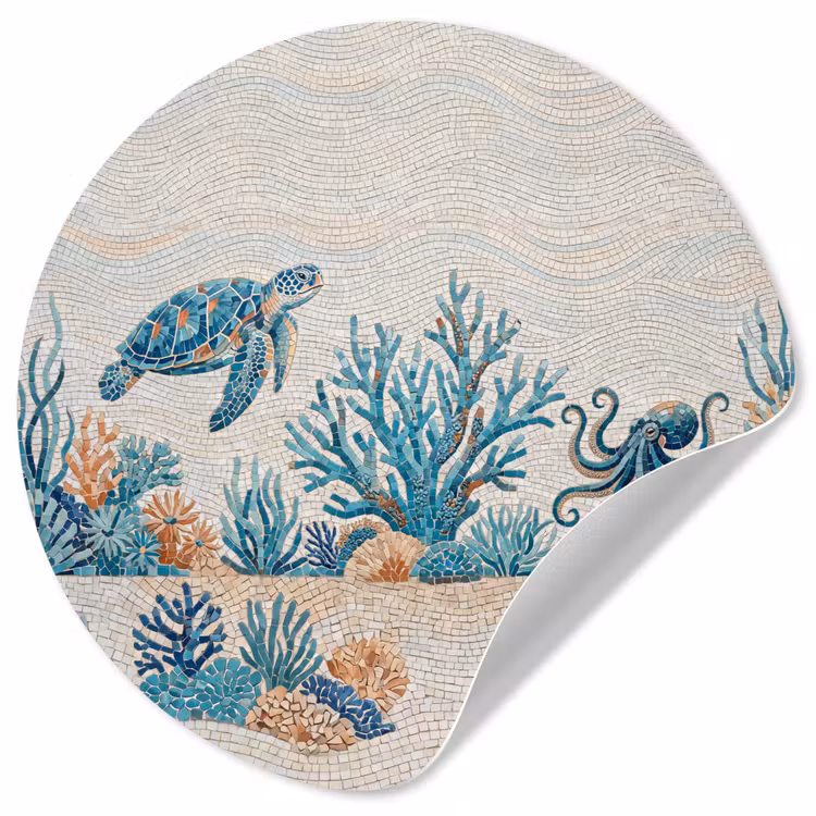 Dieren - Onderwater - Natuur - Mozaïek - Blauw Wandcirkel behangsticker klein -3d