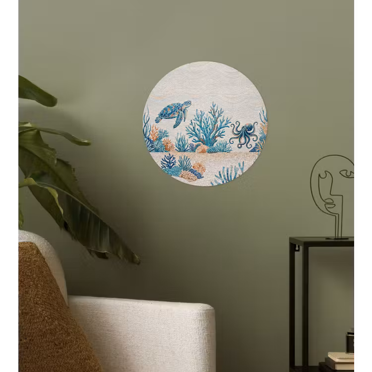 Dieren - Onderwater - Natuur - Mozaïek - Blauw Wandcirkel behangsticker klein -sfeer2