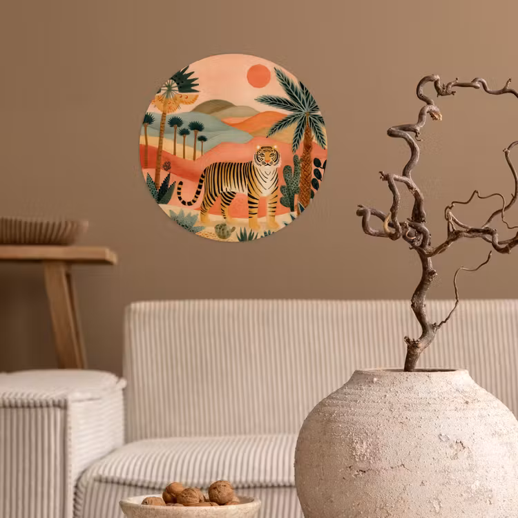Tijger - Kleurrijk - Palmen - Cactus Wandcirkel behangsticker klein -sfeer1