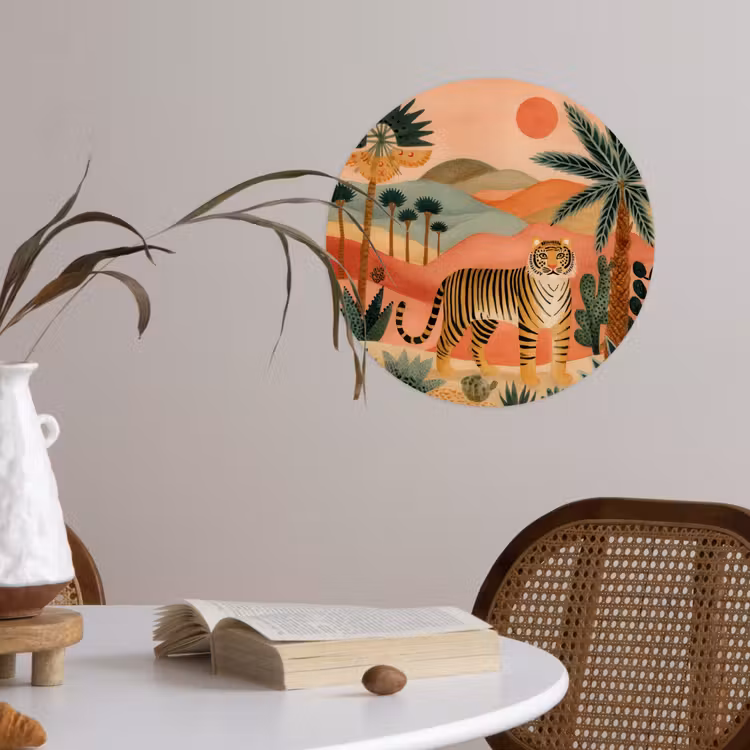 Tijger - Kleurrijk - Palmen - Cactus Wandcirkel behangsticker klein -sfeer3