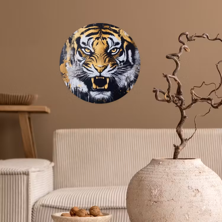 Tijger - Verfspatten - Goud Wandcirkel behangsticker klein -sfeer1