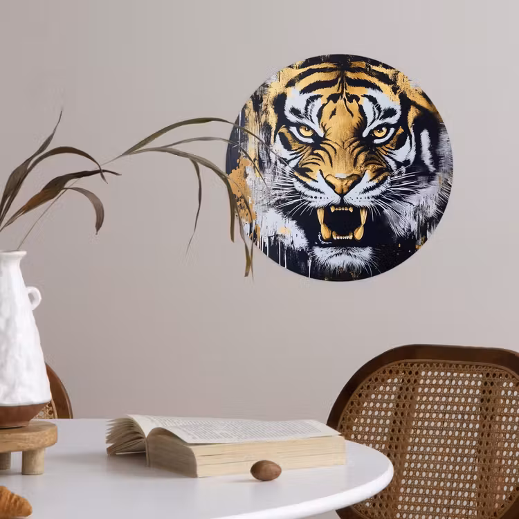 Tijger - Verfspatten - Goud Wandcirkel behangsticker klein -sfeer3