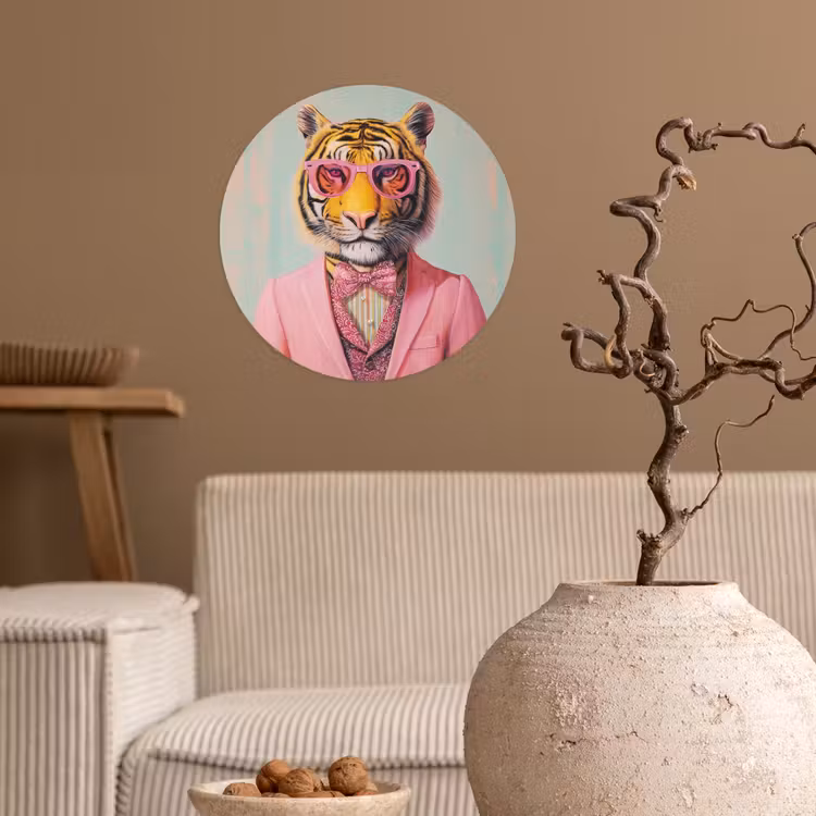 Tijger - Strik - Jasje - Roze Wandcirkel behangsticker klein -sfeer1