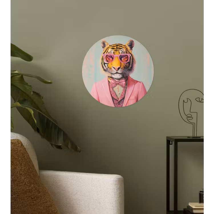 Tijger - Strik - Jasje - Roze Wandcirkel behangsticker klein -sfeer2