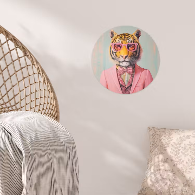 Tijger - Strik - Jasje - Roze Wandcirkel behangsticker klein -sfeer4