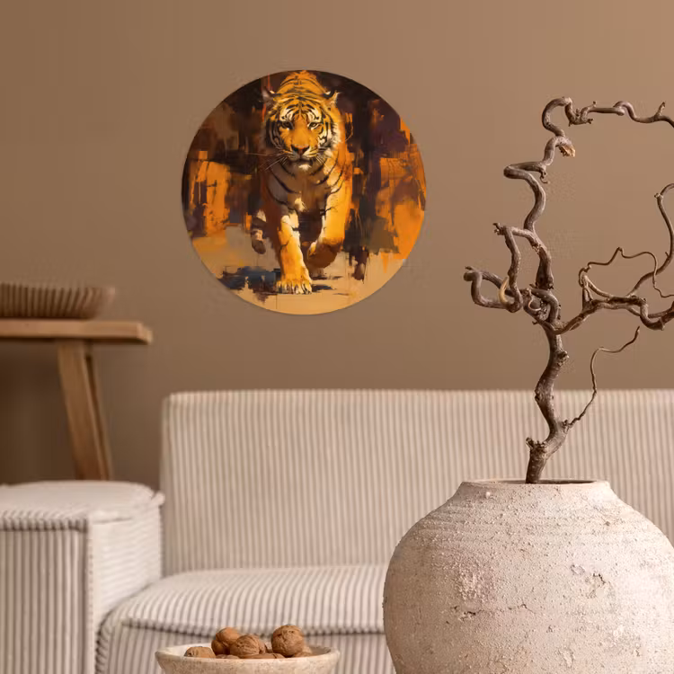 Tijger - Geschilderd - Oranje - Penseelstreken Wandcirkel behangsticker klein -sfeer1