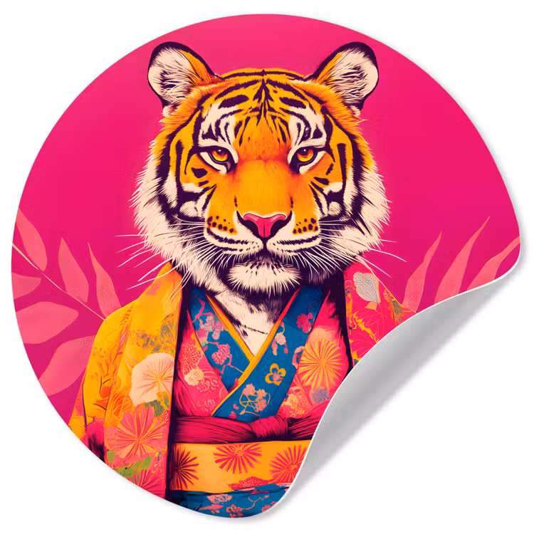 Tijger - Kimono - Planten - Roze Wandcirkel behangsticker klein -3d