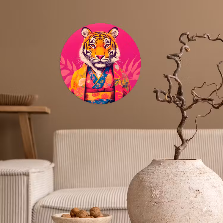 Tijger - Kimono - Planten - Roze Wandcirkel behangsticker klein -sfeer1