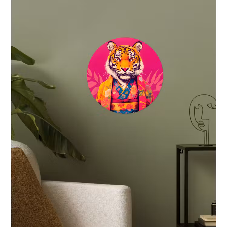 Tijger - Kimono - Planten - Roze Wandcirkel behangsticker klein -sfeer2