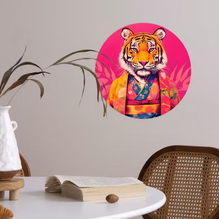 Tijger - Kimono - Planten - Roze Wandcirkel behangsticker klein -sfeer3