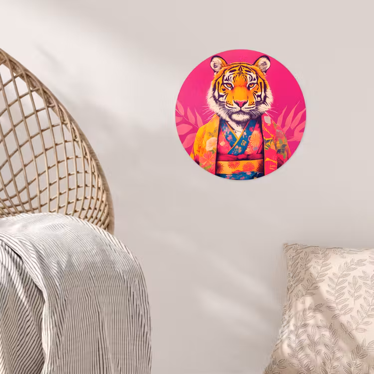 Tijger - Kimono - Planten - Roze Wandcirkel behangsticker klein -sfeer4