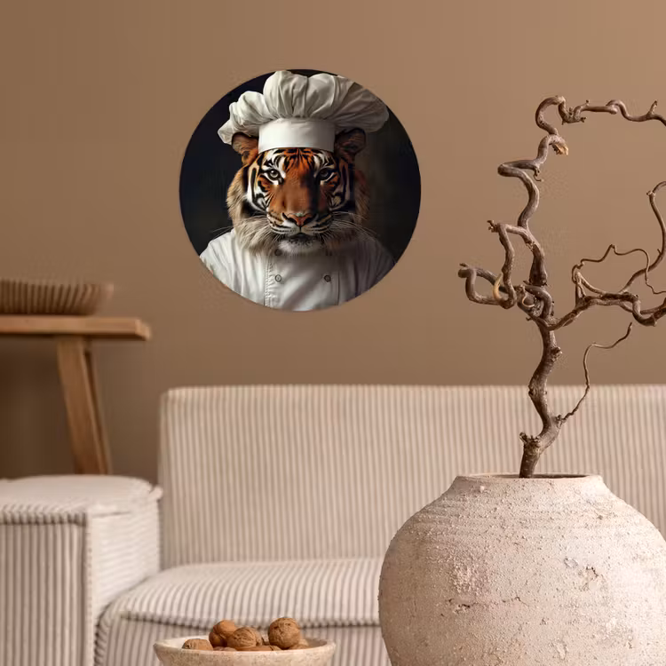 Tijger - Kokskleding - Bruin Wandcirkel behangsticker klein -sfeer1