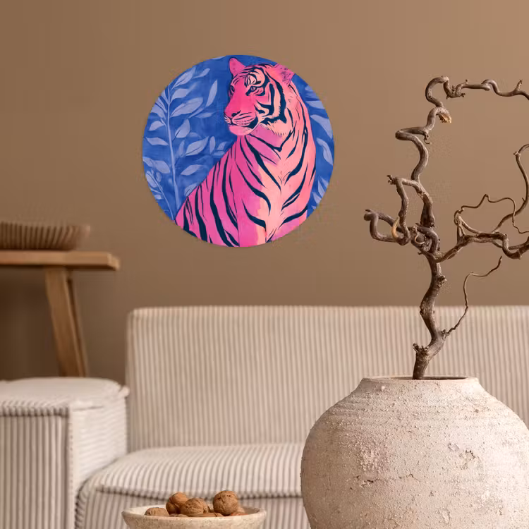 Tijger - Roze - Bladeren - Jungle Wandcirkel behangsticker klein -sfeer1